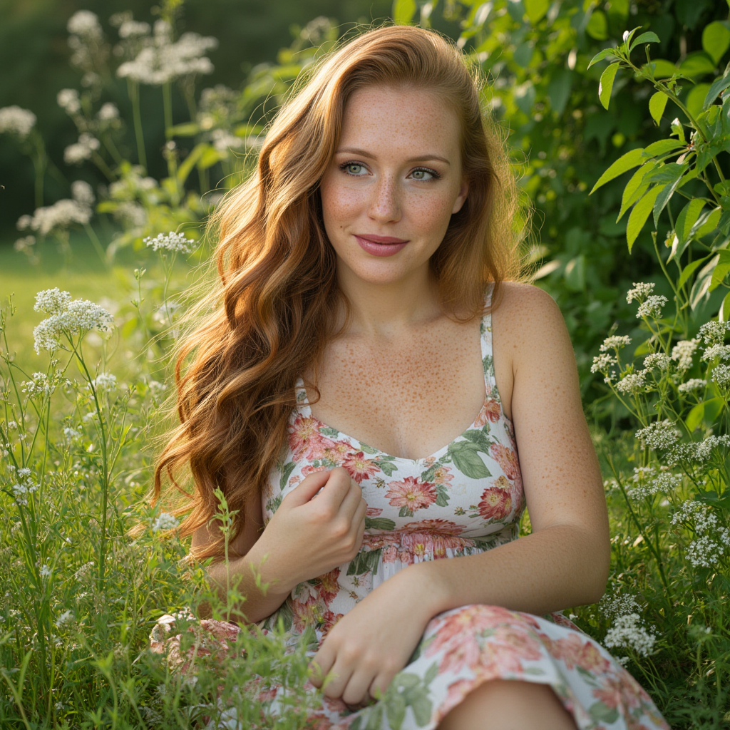 A serene woman with radiant sunny freckles scattered across her porcelain skin sits amidst a lush garden backdrop. Soft sunlight filters through the verdant foliage, casting dappled shadows on her upturned face. She gazes softly into the distance, her gentle features framed by a delicate floral arrangement.