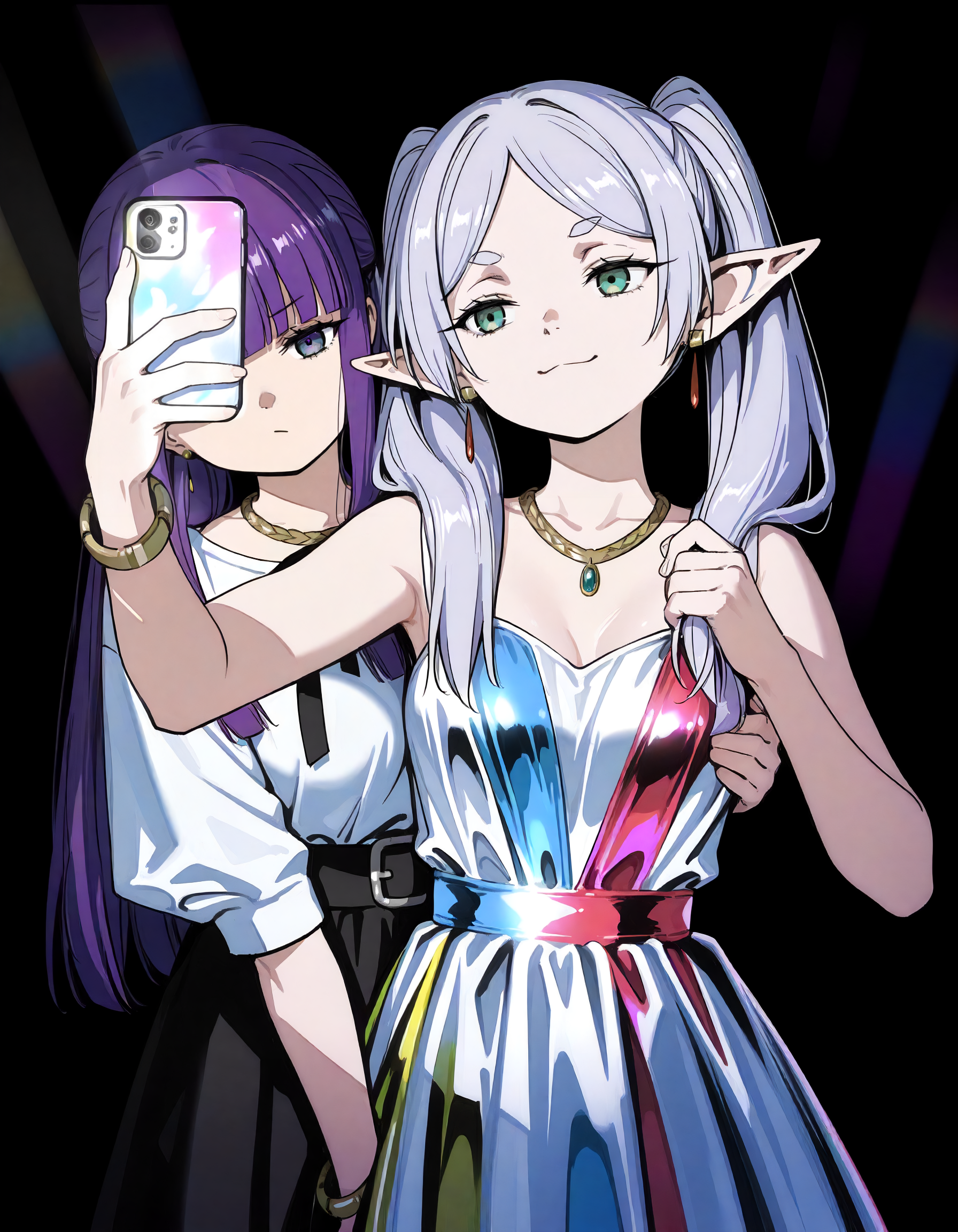 2Girls in dazzling rainbow sequin dress, alternate costume with bracelet, necklace, and parted bangs, looking at phone, Black background with contrasting light rays, Masterpiece, Sequin textured, High-Definition, Vibrant colors, Dramatic lighting, In the style of Gustav Klimts Goldperiod, cowboy shot,
<lora:MeMaXL4:0.6> <lora:USNR STYLE_XL_loha:0.8> <lora:ponyv5_noobE11_1_adamW:0.7>
frieren,sousou_no_frieren, frieren, sousou no frieren, 2girl, green eyes, long hair, white hair, grey hair, twintails, parted bangs, elf, earrings,  <lora:estabiliza:0.8>, smug,
fern_(sousou_no_frieren),sousou_no_frieren, purple eyes, purple hair, long hair, straight hair, blunt bangs, sidelocks, medium breasts, taking selfie with phone, iphone,