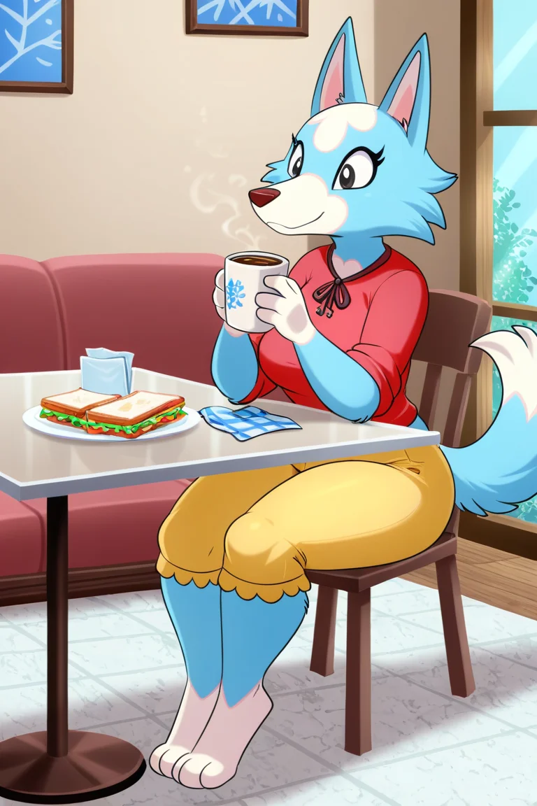 masterpiece, best quality, amazing quality, very aesthetic, high resolution, ultra-detailed, absurdres, newest, lonbluewolf BREAK 1girl, solo, Skye_AC, anthro, furry female, blue fur, black eyes, wolf tail, red shirt, yellow pants, sitting, on chair, drinking coffee, coffee mug, napkin, napkin holder, chairs, tables, plate on table, sandwich on plate, indoors, living room