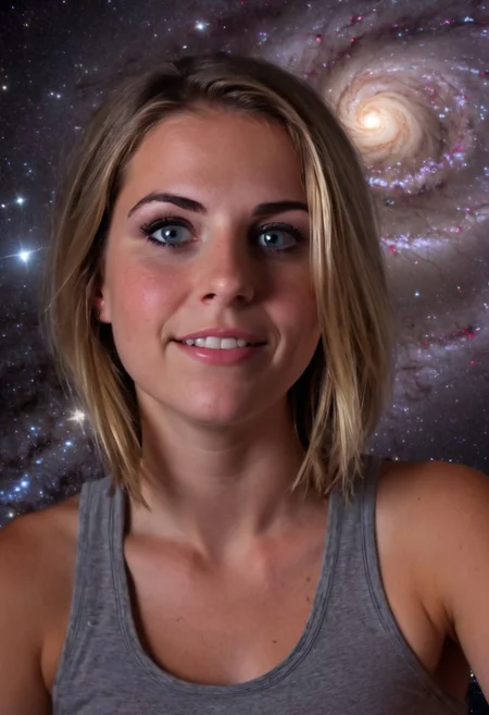 youtube girl H4Z3L6 talking to the camera about astrophysics, 1girl, solo, looking_at_viewer, realistic