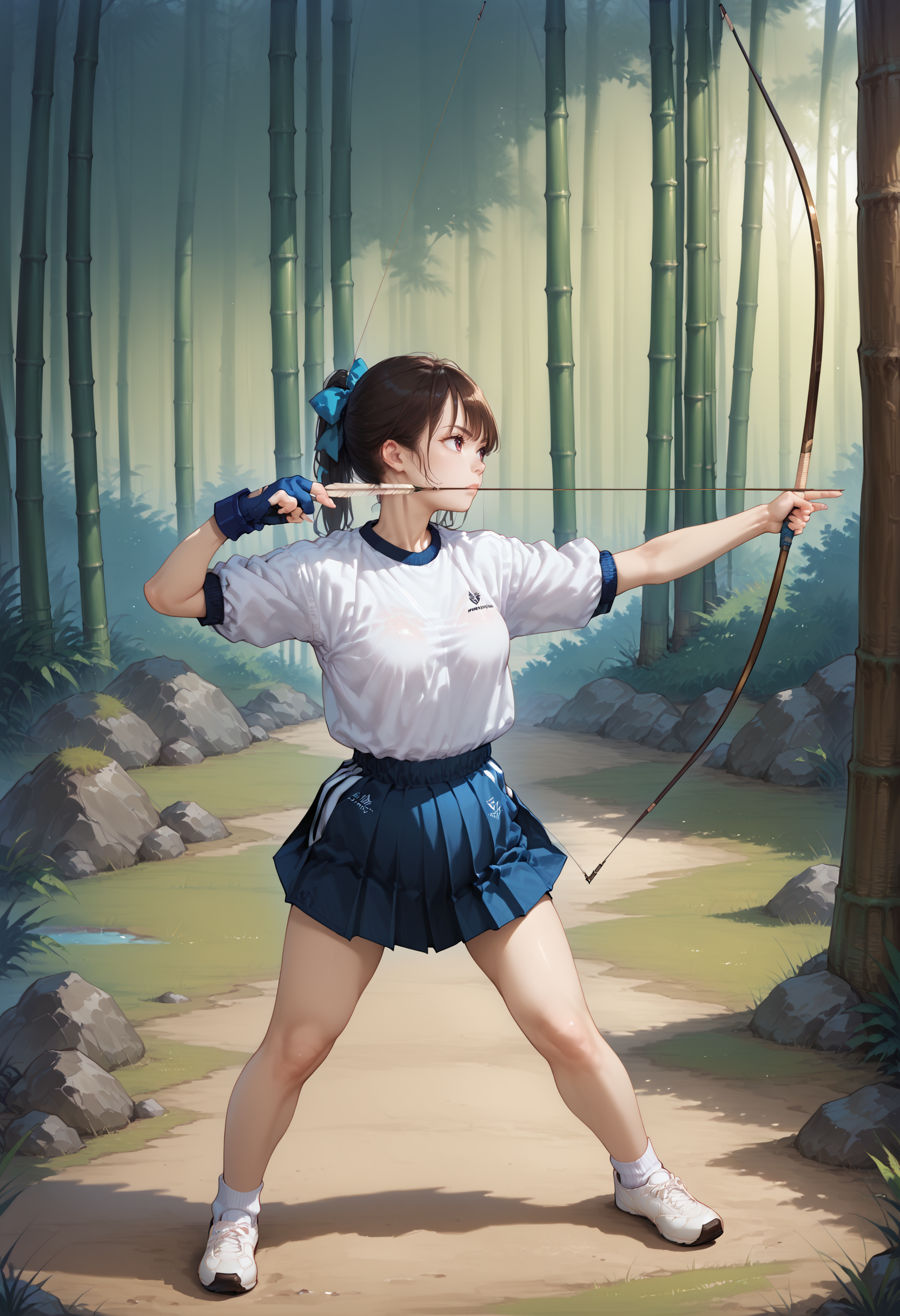 zPDXL3,1girl,full_body,standing,open_stance,outdoors,bamboo forest,medium breasts,<lora:Pony_DetailV2.0:1> BREAK
kyudo-aiming,holding bow \(weapon\),drawing bow,bow_string,arrow \(projectile\),aiming,partially fingerless gloves,yugake,closed mouth,gym uniform,pleated shirt,socks,shoes,<lora:kyudo-aiming-pony-v30:0.9>,