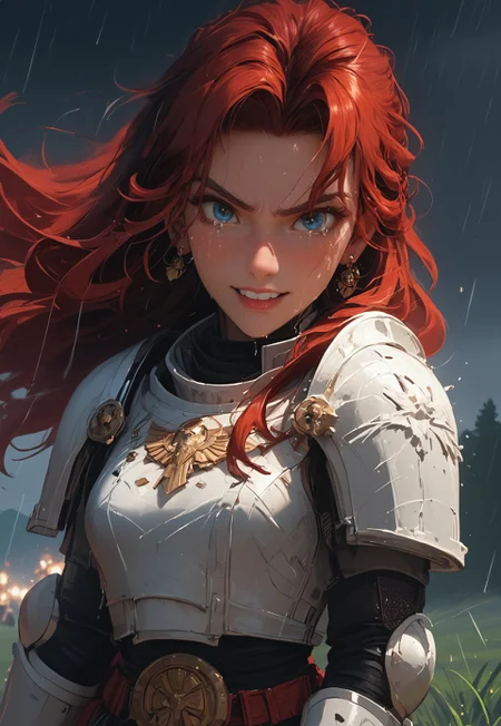 1girl, solo, 24 year old woman, large body, running:1.4, beautiful, long hair, dark red hair, freckles:1.4, face uplifted:1.6, looking up, looking at the sky, earrings, (fierce) grin:1.5, crying:1.5, teeth clenched:1.4, angry smile:1.5, wide hips, knight armor:1.5, heavy armor, gauntlets, greaves, bright blue eyes, rain falling on her face:1.5, tan skin, tears on chin, tears on cheeks, action pose:1.3,
dusk, after battle, muddy field, some grass, fallen soldiers around her:1.4, storming, dark gray sky, dark sky:1.4, streaming banners, battlefield, intense rain:1.3, dreary, raining, overcast, mountains and hills in the background,
score_9, score_8_up, score_8, masterpiece, best quality, official art, extremely detailed, CG unity 8k wallpaper, absurdres, high definition, photorealism:1.5, detailed shading, high contrast, ambient occlusion, vivid colors:1.5, saturated colors:1.6,
dynamic angle:1.3, cowboy shot:1.6, cinematic,
expressiveh, whites40k, tears,
