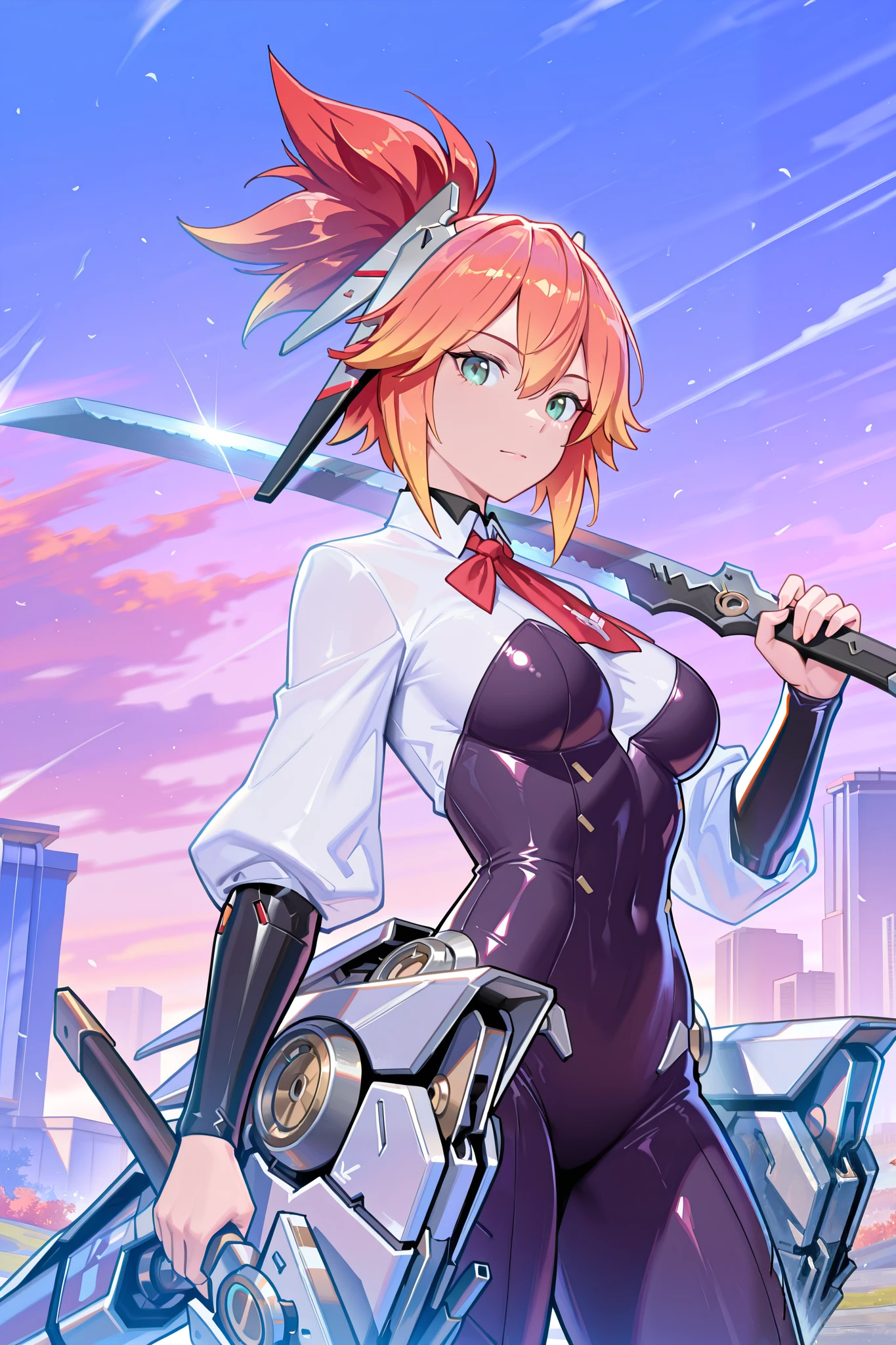 masterpiece, best quality, ultra-detailed, absurdres, newest, cinematic, girl, fannyaspirant, orange hair, ponytail, multicolored hair, red hair,sidelocks, bangs, green eyes, headgear, red necktie, bodysuit, mecha sheath,  cowboy shot, looking at viewer, holding sword on shoulder