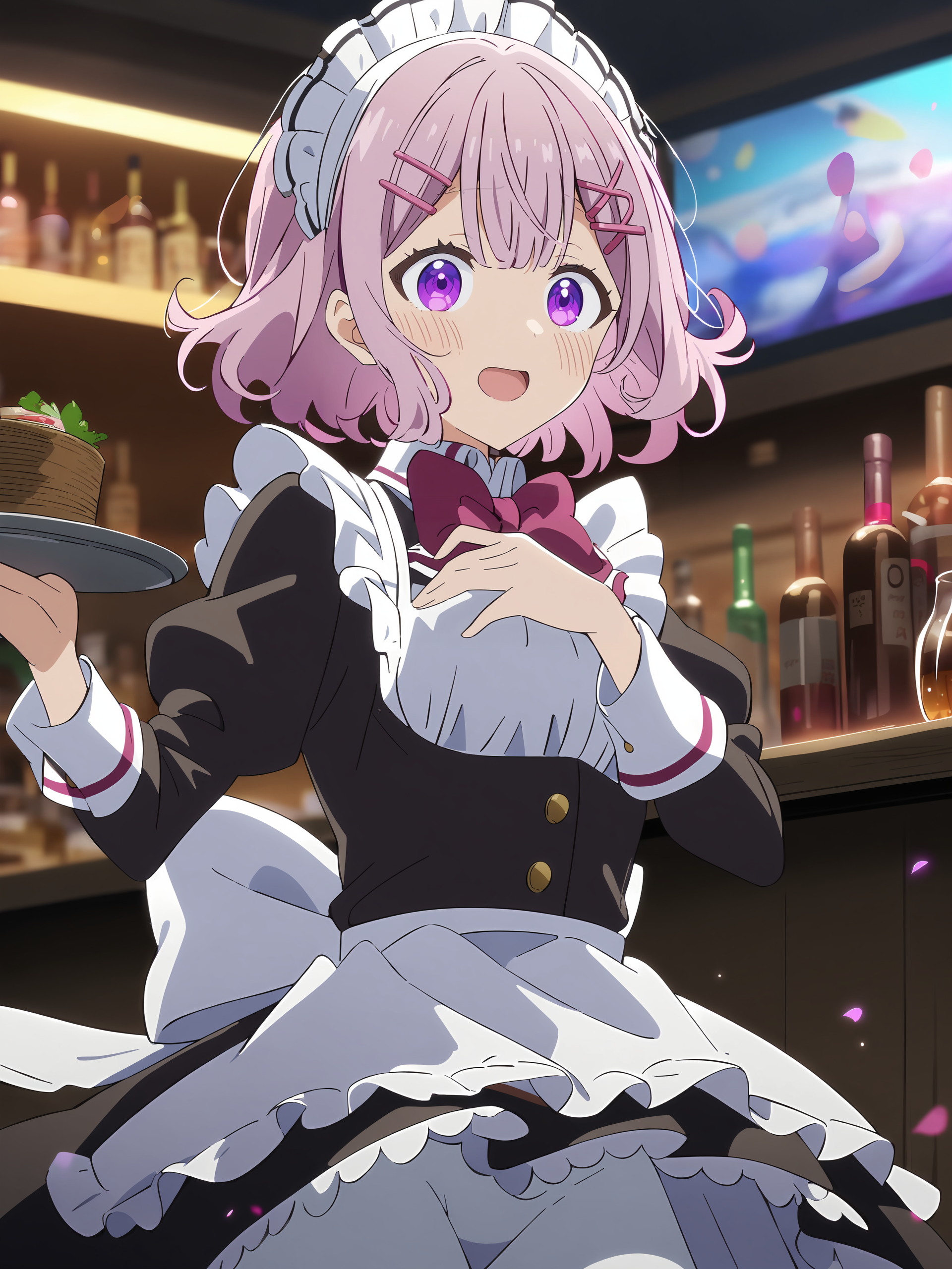 1girl, amaori renako, solo, purple eyes, hairclip, maid, maid headdress, maid apron, embarrassed, white pantyhose, open mouth, blush, smile, open mouth, holding plate, looking at viewer, cowboy shot, bar \(place\), indoors, depth of field <lora:Char-Amaori_Renako-V1-SDXL:0.9>, anime screenshot, incredibly absurdres, ultra detailed, masterpiece, best quality, perfect features, intricate details, ray tracing, very aesthetic, [<lora:XL-detailed_notrigger:0.95>::0.5], [:<lora:XL-aesthetic_anime:0.6>:0.3]