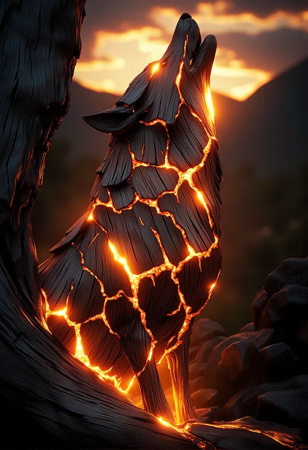 A close-up of a wolf howling at a glowing moon, with barely visible wooden patterns in its fur, casting a faint, warm glow|A close-up of a tree with ember-like veins glowing faintly against a fiery twilight sky, with wooden veins flickering softly, glowing subtly in a few sections}|A wide-angle shot of a majestic deer standing in a glowing forest, its antlers subtly adorned with glowing wooden cracks}|A panoramic view of a glowing wooden temple at dusk, flickering embers within the wooden veins of the structure, glowing faintly as the light fades}|A massive dragon flying over a mountain range at twilight, glowing wooden cracks running along its wings, casting faint light onto the ground below|A mythical phoenix rising from glowing wooden ashes, its feathers lightly adorned with glowing wooden patterns, flickering like embers}} Epic cinematic lighting, soft glowing wood textures, subtle embers, dramatic shadows, backlit glow, high contrast, soft fog, deep focus, ultra-realistic details, vivid colors, high dynamic range, volumetric lighting, breathtaking scale, photorealism, hyper-sharp focus, intricate details, stunning cinematic atmosphere. , <lora:bv-glowing-wood-v1.safetensors:1.0:1.0>