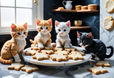 Kittens learning pottery : In a cozy kitchen, a group of fluffy kittens is attempting to from cookies out of liquid marble. One kitten, with clay all over its face, stands on its hind legs stirring a marble cisle much too big for it. Another kitten paws at a rolling pin, trying to flatten the dough like marble, while a mischievous kitten in the corner sneaks a tires to nibble of the marble cookie. The chaos grows as cookie shapes end up everywhere—some on the floor, some on the counter, and one even stuck to the ceiling. A tray of cookies, slightly burned but full of kitten charm, sits nearby, ready to be tasted.