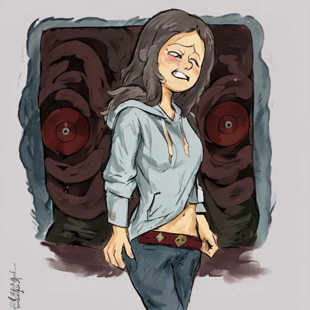 Derpuss, 1girl, solo, long hair, looking at viewer, smile, long sleeves, closed mouth, standing, ass, looking back, indoors, hood, clothes lift, from behind, hoodie, hood down, smug, grey hoodie, jeans, undressing, shirt pull,