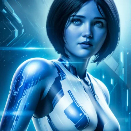 Advertising poster style, <lora:Cortana Halo:1.2>
Cortana Halo a woman with blue eyes and a white shirt in the Halo video game series, Professional, modern, product-focused, commercial, eye-catching, highly detailed