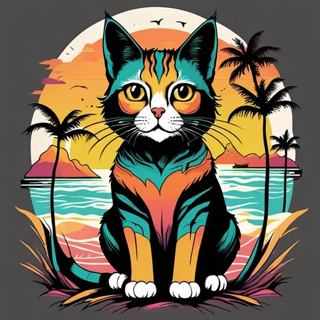 Illustrated T-shirt, Whimsical Cat Character, Sunset Beach Landscape, Tropical Color Palette, Fabric Texture, Bold Lineart, Dynamic Perspective ,
,T shirt design,TshirtDesignAF,
<lora:TShirtDesignRedmondV2-Tshirtdesign-TshirtDesignAF:1>