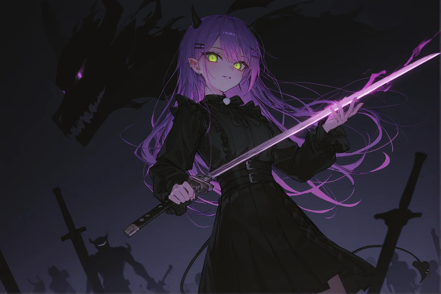 1girl,[artist:WANKE|artist:free_style |[artist:ningen_mame]|ciloranko],tokoyami towa,mesugaki,devil,sensitive,dark theme,glowing eyes,silhouette,sword