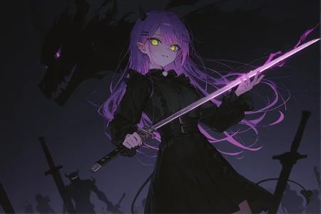 1girl,[artist:WANKE|artist:free_style |[artist:ningen_mame]|ciloranko],tokoyami towa,mesugaki,devil,sensitive,dark theme,glowing eyes,silhouette,sword