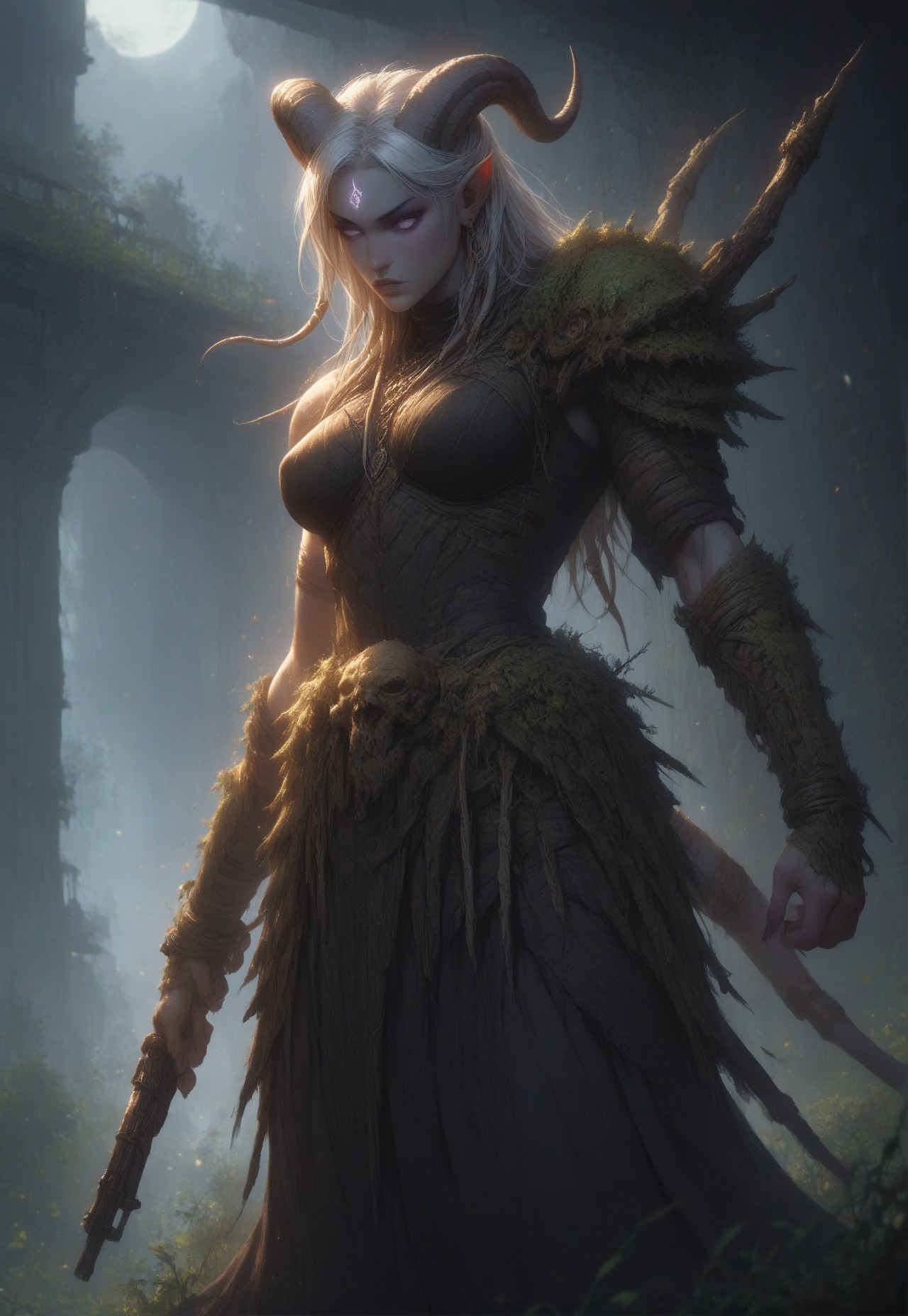 (absurdres, best quality, masterpiece:1.4), score_9, score_8_up, score_7_up, score_6_up, detailed, detailed body, detailed face, world of warcraft, fantasy, 

fFaceDetail, SkinDetail, ((female, draenei, tall, athletic arms, pale white skin, smooth skin, long white hair, purple eyes, no pupil, no sclera, long white tail), (h0rns, ram horns, white horns), 
(long fingers, purple fingernails, purple nail polish)), 

(long loose teal dress, simple armlet, black facemask, teal silk scarf), GunMonk, shotgun, holding shotgun,

full body, side view

outdoor, evening, mountains