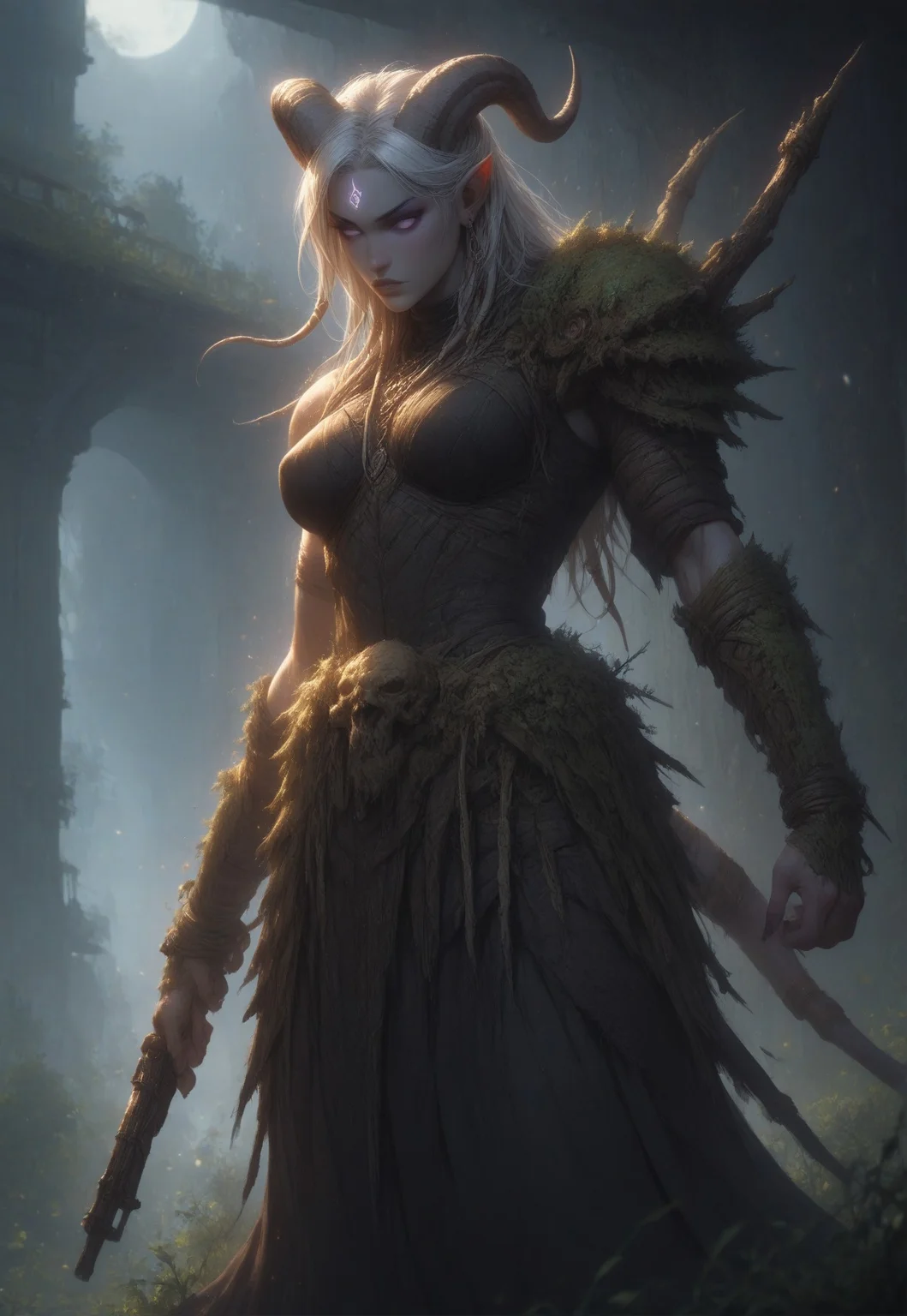 (absurdres, best quality, masterpiece:1.4), score_9, score_8_up, score_7_up, score_6_up, detailed, detailed body, detailed face, world of warcraft, fantasy,
fFaceDetail, SkinDetail, ((female, draenei, tall, athletic arms, pale white skin, smooth skin, long white hair, purple eyes, no pupil, no sclera, long white tail), (h0rns, ram horns, white horns),
(long fingers, purple fingernails, purple nail polish)),
(long loose teal dress, simple armlet, black facemask, teal silk scarf), GunMonk, shotgun, holding shotgun,
full body, side view
outdoor, evening, mountains