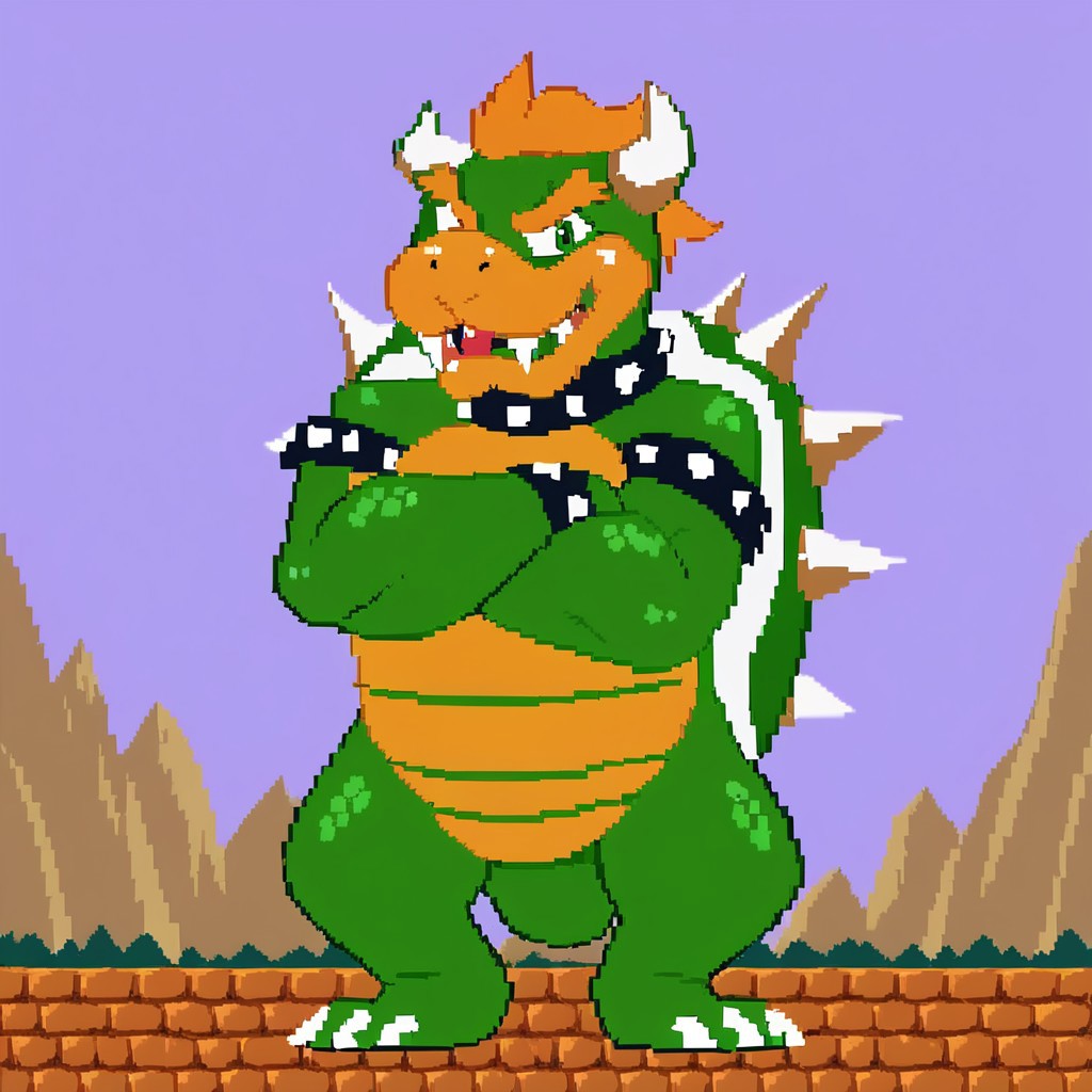 B_SMW, Expressiveh, score_9, score_8_up, score_7_up, score_6_up, score_5_up, score_4_up, source_furry, hi res, sfw, 2D, pixel art, 16bit, dark green lineart,

solo, 1boy, animal focus, Bowser, koopa, turtle, scalie, muscular, slightly chubby, bulky, horns, spikes, tail, claws, green shell, orange eyebrows, big fangs, green scales, orange belly, orange hair, green eyes, bracelet, collar, full body,

standing, looking at viewer, crossed arms, sky, clouds, mountains, chubby.