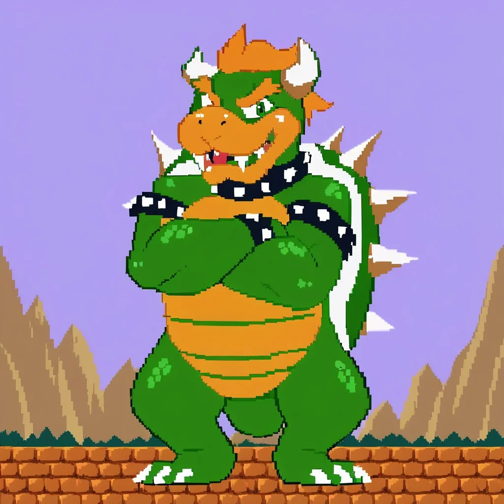B_SMW, Expressiveh, score_9, score_8_up, score_7_up, score_6_up, score_5_up, score_4_up, source_furry, hi res, sfw, 2D, pixel art, 16bit, dark green lineart,
solo, 1boy, animal focus, Bowser, koopa, turtle, scalie, muscular, slightly chubby, bulky, horns, spikes, tail, claws, green shell, orange eyebrows, big fangs, green scales, orange belly, orange hair, green eyes, bracelet, collar, full body,
standing, looking at viewer, crossed arms, sky, clouds, mountains, chubby.