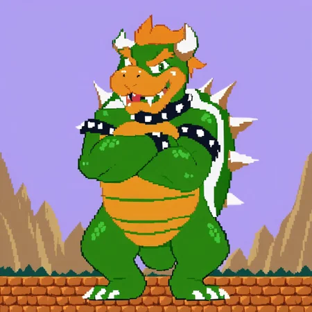 B_SMW, Expressiveh, score_9, score_8_up, score_7_up, score_6_up, score_5_up, score_4_up, source_furry, hi res, sfw, 2D, pixel art, 16bit, dark green lineart,
solo, 1boy, animal focus, Bowser, koopa, turtle, scalie, muscular, slightly chubby, bulky, horns, spikes, tail, claws, green shell, orange eyebrows, big fangs, green scales, orange belly, orange hair, green eyes, bracelet, collar, full body,
standing, looking at viewer, crossed arms, sky, clouds, mountains, chubby.