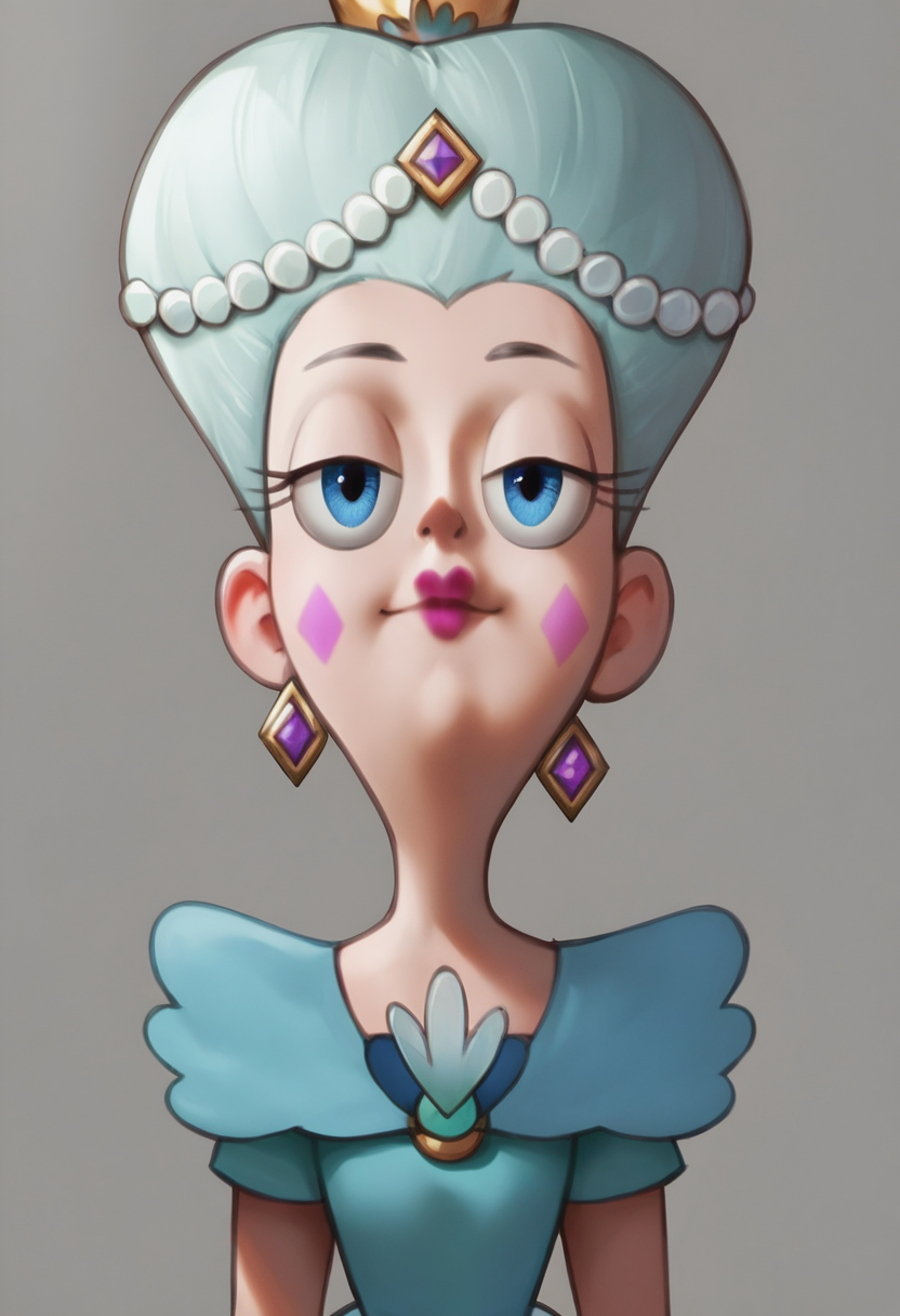 source_cartoon, score_9, score_8_up, score_7_up, mature_female, queen_moon_butterfly, blue_dress, crown, looking_at_viewer, perfect eyes, flat_color, Leaning back, arms folded, rotated, lower body, rating_safe, <lora:sdxl\pony diffusion\characters\queen_moon_butterfly_pony:1.0>