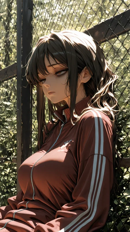 masterpiece, newest,absurdres,incredibly absurdres, best quality, amazing quality, very aesthetic,
1girl, (exhausted:0.6), nature, fence, focus face, reclining at fence, standing, track jacket, ((upper body)),
<lora:Face_Enhancer_Illustrious:0.6> <lora:hidream_painterly_v1_1653283:0.6>
