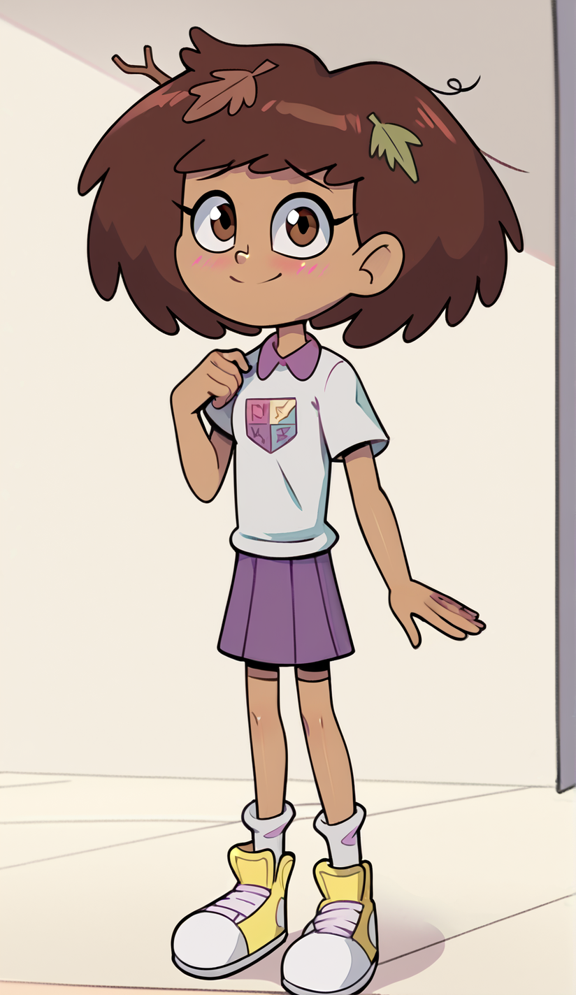 zPDXL3, masterpiece, handfixer, high quality, score_9, score_8_up, yepmelon, looking at viewer, shy, blushing, smile, ((cute)), ((young)), short, anneboonchuy, 1girl, solo, dark-skinned female, brown hair, short hair, brown eyes, RegularAnne, shirt, leaf on head, purple skirt, single shoe, sock on left foot, yellow shoe on right foot, good anatnomy, vector, flash, flat colors,    <lora:Yep_Melon_Style-000013:1>,<lora:Anne_Boonchuy_V3:0.65>,<lora:Pony_QualityV4.0:1>,<lora:Vector_Flash_animation_style:0.6>