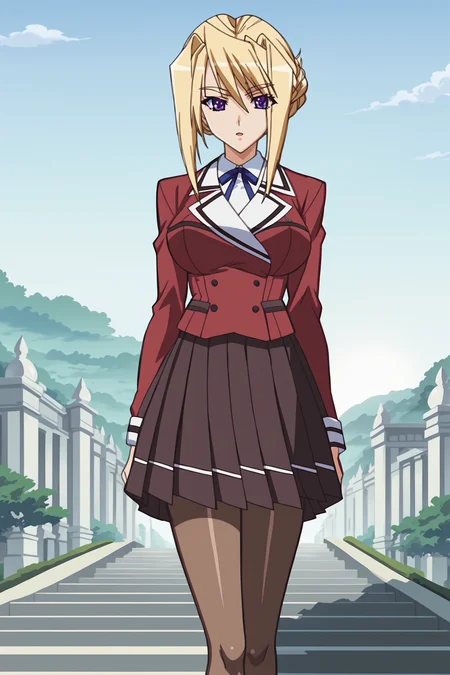 score_9, score_8_up, score_7_up, 
anime screencap, anime coloring, detailed face, masterpiece, best quality, very aesthetic, absurdres, volumetric lighting, official style, amazing quality, ultra detailed, highres, amazing quality, scenery, beautiful detailed hair, beautiful detailed eyes,
 <lora:Sylvia_van_Hossen_Yuu_Fujikura_and_Maria_van_Hossen_Princess_Lover_OVA_-_Pony:1>
girl is 18 years old,
outdoors, looking at the viewer, :D,
Sylvia uniform (outfit), Sylvia van Hossen (character), 1girl, solo, pantyhose, blonde hair, school uniform, purple eyes, skirt, large breasts, single hair bun, blazer, hair up, long sleeves