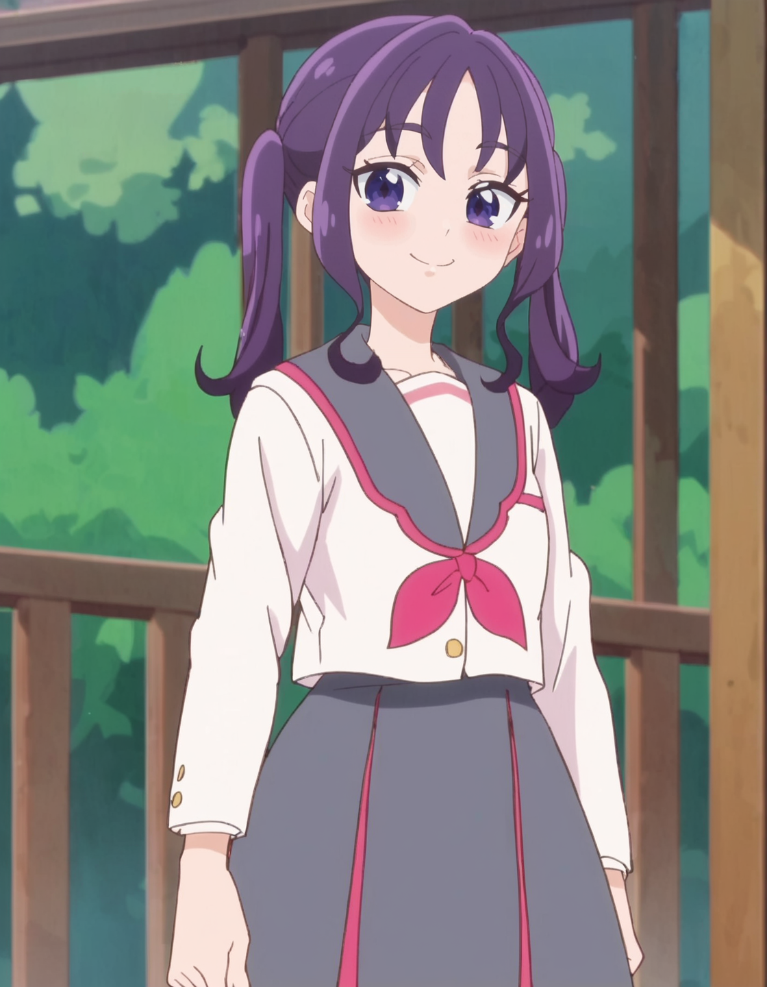 score_9, score_8_up, score_7_up, anime screencap, solo,1girl, school uniform, smile, skirt, serafuku, looking at viewer,cowboy shot, grey skirt,small breasts,blush<lora:shigurekokoro_pony:0.8>