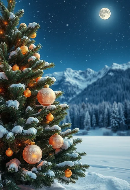 Winter, magical night. Beautiful starry sky. On the shore of a beautiful frozen lake stands an incredibly beautiful New Year tree, in the background in the middle of a fabulous magical winter forest rise huge mountains. On the mountains the snow sparkles in the moonlight., a winter night scene with a beautifully decorated evergreen tree, heavy with fresh white snow. Several decorative Christmas ornaments adorn the branches, including glossy spheres in soft pastel shades of gold and white, delicately decorated with frost patterns. The ornaments emit a warm, inviting glow, contrasting with the cool, deep green of the pine needles and the snow-white background. The soft lighting from the ornaments reflects off the snow, creating a magical atmosphere.