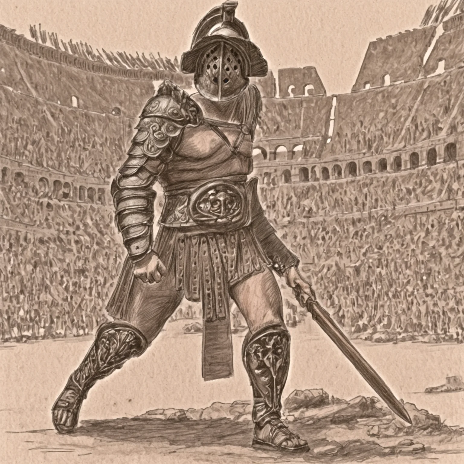 gladiator in a colosseum, rome, victrory,gladiator_style, illustration, high detail, sketch, colured pencil,
