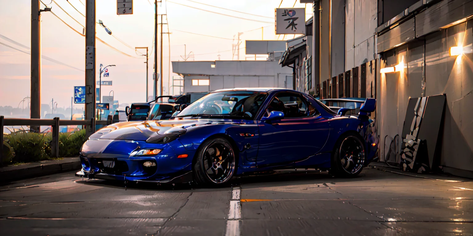 masterpiece,best quality,official art,extremely detailed CG unity 8k wallpaper,illustration, light,car, bright, motor vehicle, ground vehicle, sports car, vehicle focus, road, need for speed, moving, wet, (night, midnight:1.5), cyberpunk, tokyo,neon lights,drift, <lora:FD3S-000008:0.9>