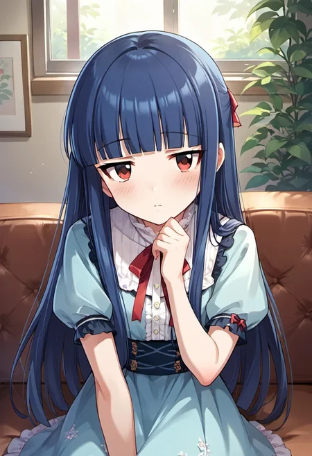 score_9, score_8_up, score_7_up, source_anime, sajou yukimi, long hair, blue hair, red eyes, 1girl, solo, looking at viewer, peeking out, blush, dress, blunt bangs, short sleeves, ribbon, couch