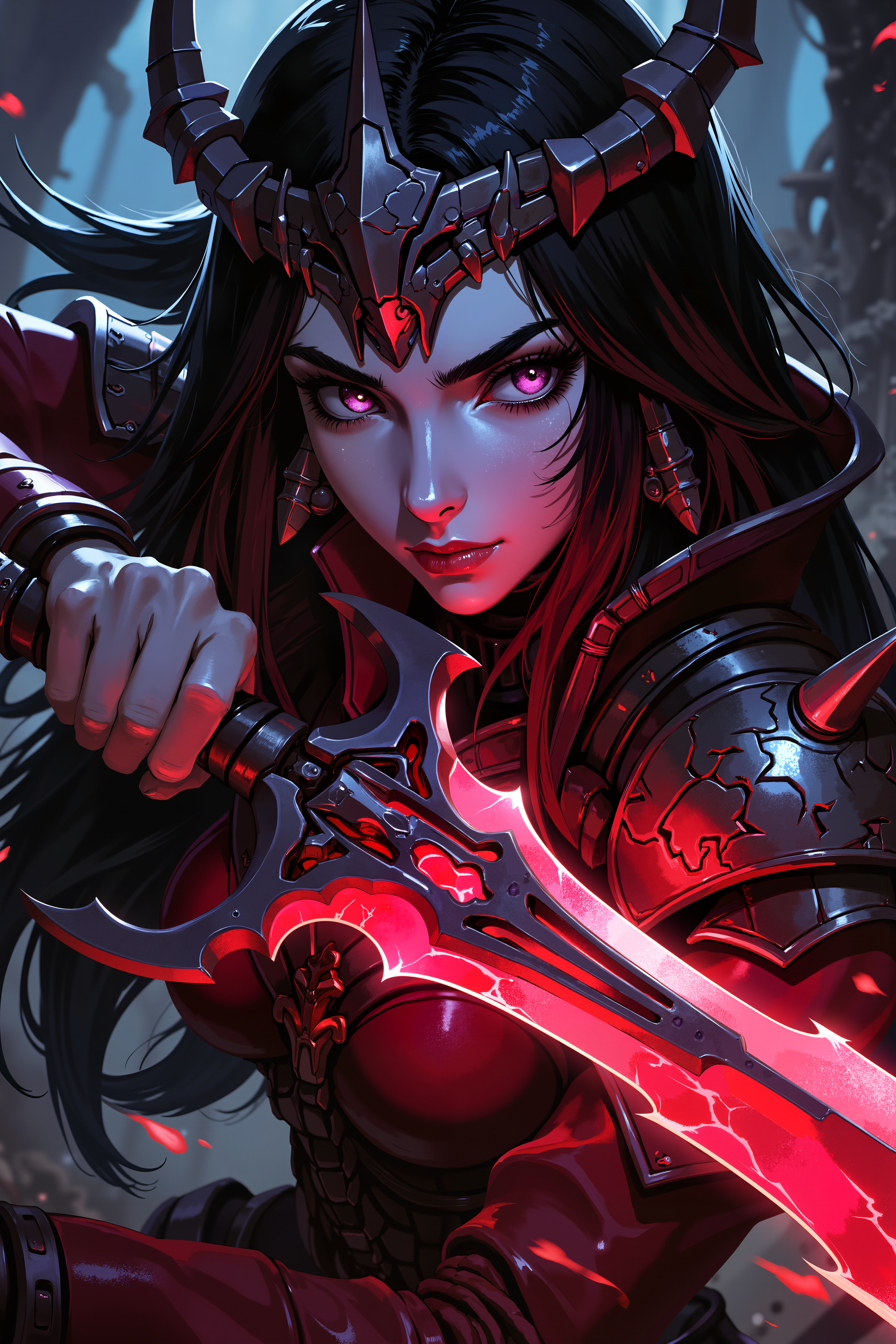 a closeup of a young female Dark Eldar Succubus with long, sleek black hair and smooth, pale blue skin. Her piercing, violet eyes are narrowed as she grasps a glowing, crimson blade that seems to pulse with a life of its own. Sheâs in the middle of a dark, twisted arena deep within Commorragh, the air thick with the scent of blood and the sounds of distant screams. Her lithe, armored form is adorned with spikes and barbs, each piece of her blood-red armor designed to instill fear and pain. A strange, spiked headpiece made of dark metal encircles her head, framing her face with a sinister elegance. The blade in her hand vibrates with dark energy, its surface covered in shifting, runic symbols that glow faintly in the dim light. She holds the blade close to her face, her lips curling into a predatory smile as the weapon hums with anticipation. The arena around her seems to pulse in time with the bladeâs energy, as if the entire place is alive with the dark power of the weapon. Her gaze is fixed on the blade, her eyes reflecting its crimson glow as she prepares to unleash its deadly power. , detailed background  Fantastic lighting. Detailed shadows.intricate details, vivid colors, hyper-detailed, ultra-sharp, , <lora:XRSTYLE_FLUX:0.5><lora:RetroAnimeFluxV1:0.4><lora:MoriiMee_Gothic_Niji_Style_FLUX:0.3>