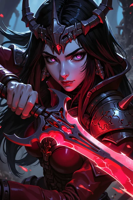 a closeup of a young female Dark Eldar Succubus with long, sleek black hair and smooth, pale blue skin. Her piercing, violet eyes are narrowed as she grasps a glowing, crimson blade that seems to pulse with a life of its own. Sheâs in the middle of a dark, twisted arena deep within Commorragh, the air thick with the scent of blood and the sounds of distant screams. Her lithe, armored form is adorned with spikes and barbs, each piece of her blood-red armor designed to instill fear and pain. A strange, spiked headpiece made of dark metal encircles her head, framing her face with a sinister elegance. The blade in her hand vibrates with dark energy, its surface covered in shifting, runic symbols that glow faintly in the dim light. She holds the blade close to her face, her lips curling into a predatory smile as the weapon hums with anticipation. The arena around her seems to pulse in time with the bladeâs energy, as if the entire place is alive with the dark power of the weapon. Her gaze is fixed on the blade, her eyes reflecting its crimson glow as she prepares to unleash its deadly power. , detailed background Fantastic lighting. Detailed shadows.intricate details, vivid colors, hyper-detailed, ultra-sharp, , <lora:XRSTYLE_FLUX:0.5><lora:RetroAnimeFluxV1:0.4><lora:MoriiMee_Gothic_Niji_Style_FLUX:0.3>