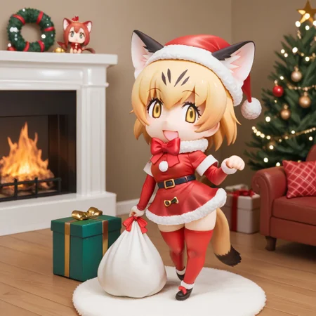 1girl, ((solo)), best quality, ultra-detailed, extremely detailed, perfect anatomy, masterpiece, score_9, score_8_up, score_7_up, Expressiveh, sand cat \(kemono friends\), 1girl, cat girl, cat ears, blonde hair, short hair, yellow eyes, cat tail, elbow gloves, bowtie, christmas tree, christmas decoration, christmas ornaments, underneath Christmas tree background, indoors, santa cosplay, santa outfit, santa hat, santa's sack, Christmas outfit, giant sack of presents, fully clothed, Christmas themed thighhighs, thighhighs, santa's sack of presents, red ribbon collar, Christmas presents, Christmas themed, living room, fireplace, (chibi), looking at viewer, smiling, eager, excited, happy, cute, adorable, surprised, hearts, shaking hips, hip sway, swaying hips, tail movement, tail_accessory, mistletoe_on_tail, mistletoe, dynamic lighting, looking at viewer, standing, standing on one foot, posing, paw pose,
