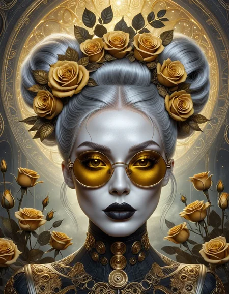 surrealist art hyperrealistic art concept art A futuristic and surreal portrait of a woman with silver hair styled in buns, wearing large round glasses with gold accents. Her face has a metallic sheen, and her makeup includes dark lipstick and gold eyeshadow. She is surrounded by intricate, golden roses and leaves, with a celestial background featuring stars and abstract patterns. The image has a steampunk and sci-fi aesthetic, with a mix of dark and golden tones, creating a dramatic and otherworldly atmosphere. (fast)<lora:luxart:1> . digital artwork, illustrative, painterly, matte painting, highly detailed . extremely high-resolution details, photographic, realism pushed to extreme, fine texture, incredibly lifelike . dreamlike, mysterious, provocative, symbolic, intricate, detailed