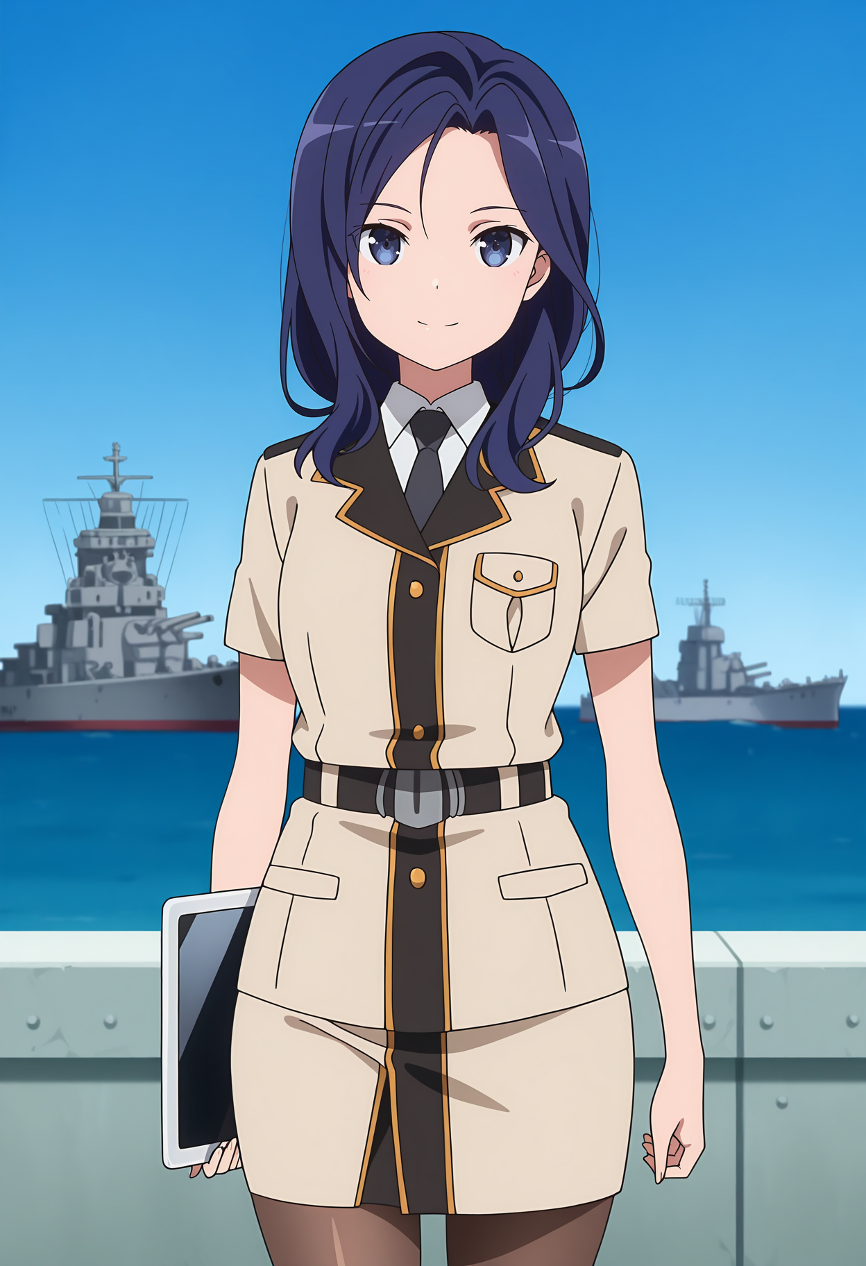 anime screencap, masterpiece, best quality,
<lora:HighSchoolFleet_FurushouKaoru_IlluXL:0.9>,
1girl, solo, closed mouth, smile,
parted bangs, forehead, long hair, blue hair, blue eyes,
naval uniform, collared shirt, white shirt, black necktie, short sleeves, breast pocket,
black belt, pencil skirt, brown pantyhose,
holding tablet, arm at side,
standing, looking at viewer, cowboy shot, legs,
horizon, dock, outdoors, battleship, warship, blue sky, blurry background