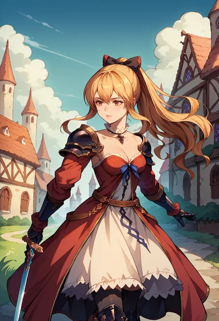 score_9, score_8_up, source_anime, 1girl, solo, ViraDefault, long hair, ponytail, black bow, frilled choker, red dress, cleavage, gauntlets, shoulder armor, belt, black thighhighs, armored boots, outdoors, medieval village, fantasy, sword, holding sword, <lora:ChamViraGBPonyXL:1>
