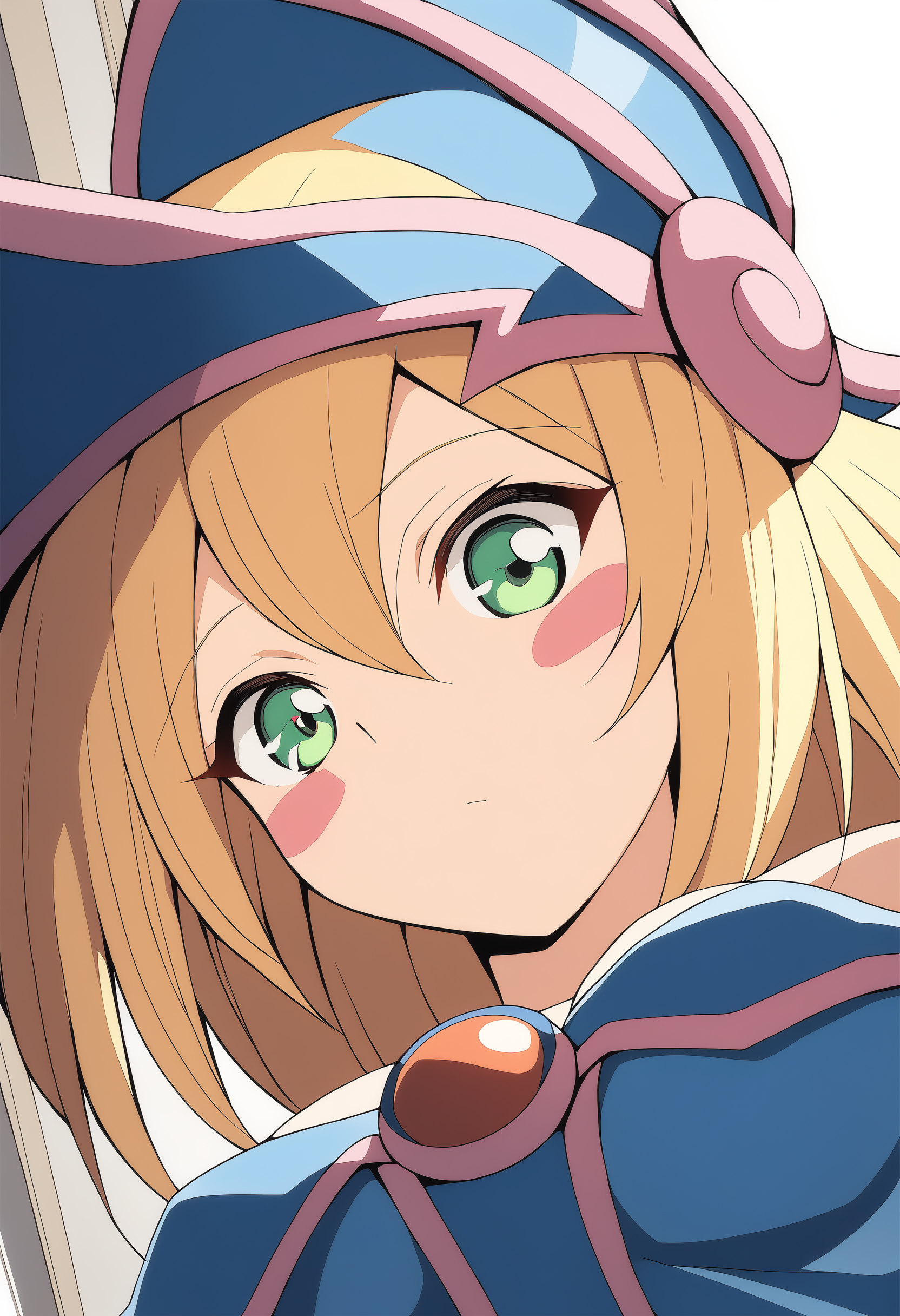 1girl,  <lora:blamagiXLv1:0.9>,blamagi,blonde hair, green eyes, long hair, medium breasts,blush stickers,wizard hat,
from below, upper body, looking at viewer, blush, balcony, closed mouth,
masterpiece, best quality,