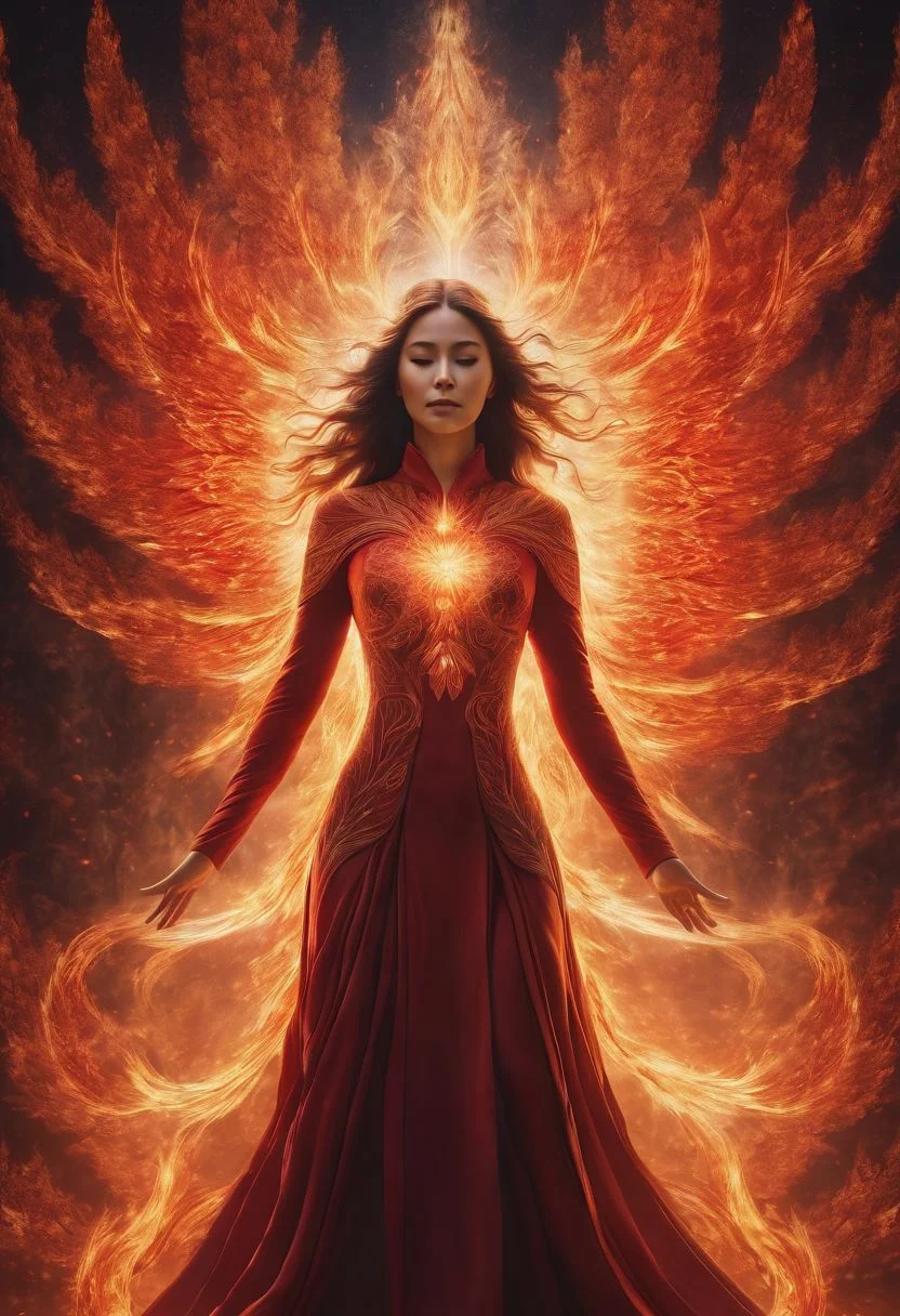 Fantasy, mesmerizing design, ascending spirit woman, spirit being's arms spread out, red body, transparent radiant light on her body, fire flame at the end of each arm, beautiful fire flowers around the perimeter