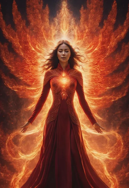 Fantasy, mesmerizing design, ascending spirit woman, spirit being's arms spread out, red body, transparent radiant light on her body, fire flame at the end of each arm, beautiful fire flowers around the perimeter