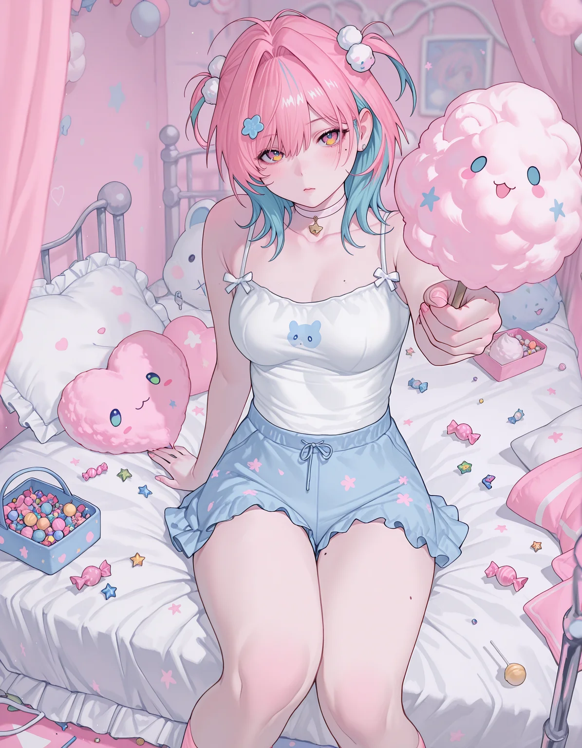 masterpiece, newest,absurdres, incredibly absurdres, <lora:gyuing666-000010:1>,gyuing_illu,1girl, solo, mole, multicolored eyes, looking at viewer, choker, mole under eye, short hair, multicolored hair, flower, medium hair,cotton candy bed,sitting, candy, foreshortening, depth of field,