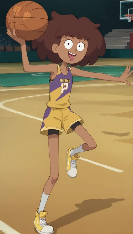 masterpiece, high quality, score_9, score_8_up, score_7_up, t 1girl, smile, looking at viewer, full body, ((((short)))), ((cute)), (petite), Anne Boonchuy, Dark-skinned female, brown hair, parody, (short limbs), flat colors, shoes, Bugball Anne, Bugball, jumping, basketball court, tongue out<lora:Anne_Boonchuy_2:0.9>