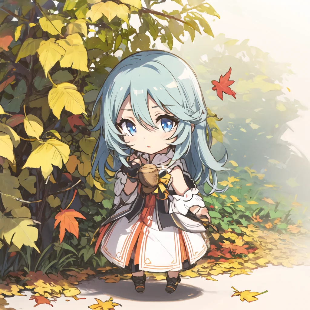 PCR,chibi,1girl,full body,detailed face,(beautiful and detailed eyes:1.1),bright pupils, (glowing eyes:1.21),solo,lightblue hair,long hair,dress,travelling,many flowers on the solo, white,blue eyes,
volumetric light,shadow, dreamy,autumn, autumn leaves, falling leaves, ginkgo leaf,leaf,leaf print, maple leaf, sweet potato, acorn, hauchiwa, tree,