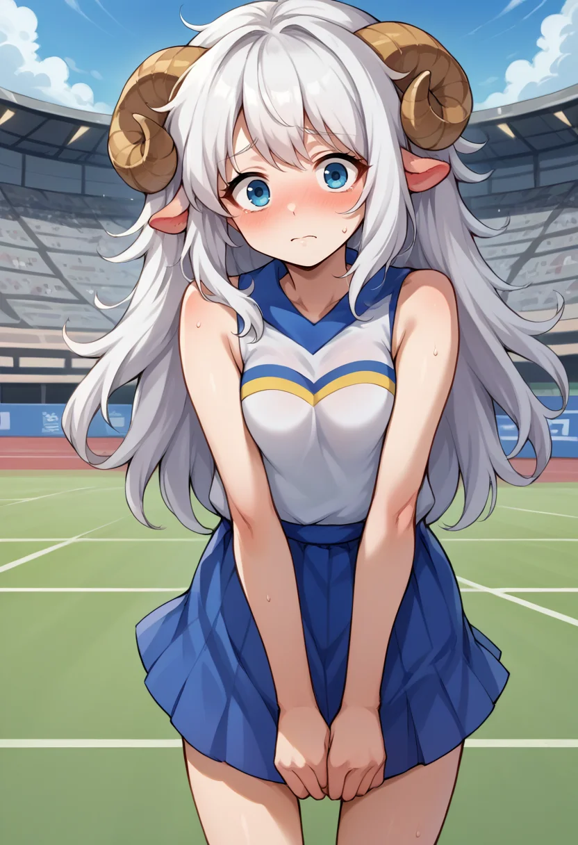 score_9, score_8_up, source_anime, 1girl, solo, white hair, long hair, messy hair, sheep girl, sheep horns, pale skin, HaruCheerUniform, sleeveless, blue skirt, ear blush, shy, stadium, <lora:ChamHaruCheerUniformPonyXL:1>