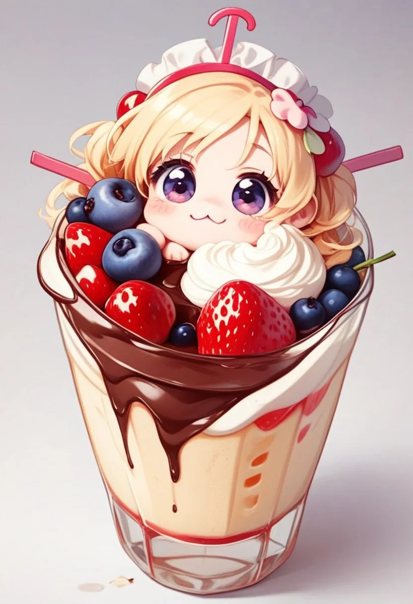 score_9, score_8_up, score_7_up, best quality, fine detail, 1girl, solo, cute, (milkshake chibi), chibi, in glass, chocolate, candies, syrup, whipped cream, rainbow sprinkles, from above, umbrella, strawberry, cherry, blueberry, hair ornament, (very detailed background), chocolate spilled on table, visually interesting, vivid colors, dark shadows, highest quality