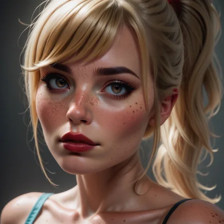 score_9, score_8_up, score_7_up, score_6_up, score_5_up, score_4_up, 1girl, solo, 21yo, freckles, red-burgundy pronounced lips, beautiful eyes, deep brown eyes, blonde hair ponytail, swept bangs, medium 34D breasts