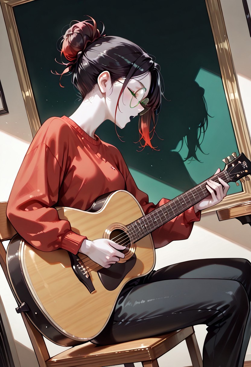 masterpiece, best quality, 32k, high resolution, absurdres, Adult girl, 1girl, Patty, PattyRH, black hair, hair bun, gradient hair(red-black), green eyes, big round eyeglasses, small breasts, slim, pale skin, sitting on a chair, playing guitar,  red sweater, pants, looking forward, side view, indoor, acoustic_guitar, playing instrument, singing, solo, Dutch angle, closed eyes, detailed, face focus