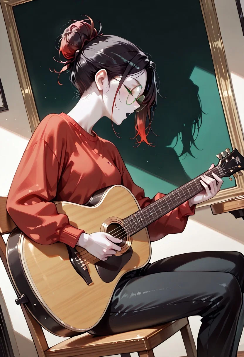 masterpiece, best quality, 32k, high resolution, absurdres, Adult girl, 1girl, Patty, PattyRH, black hair, hair bun, gradient hair(red-black), green eyes, big round eyeglasses, small breasts, slim, pale skin, sitting on a chair, playing guitar,  red sweater, pants, looking forward, side view, indoor, acoustic_guitar, playing instrument, singing, solo, Dutch angle, closed eyes, detailed, face focus