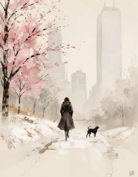 AquarelleIV. A digital illustration shoot from a profile camera angle about a silhouette of a person and a dog walking in a foggy cityscape, with cherry blossom trees on the left side and a tall building in the background. the image also shows a serene atmosphere. on the middle of the image, a woman, who appears to be in her mid-twenties, is standing with her back to the viewer, wearing a long, dark coat that covers her body. she is facing away from the camera, with her head turned towards the viewer. her hair is not visible, and she has a small, black dog by her side. the woman is wearing a hood, and her body is slim. the dog is standing still, looking up at the woman. the background features a cityscape with tall buildings and a faint, misty atmosphere. the colors are muted with shades of pink and beige, and the image has a watermark in the bottom right corner.
