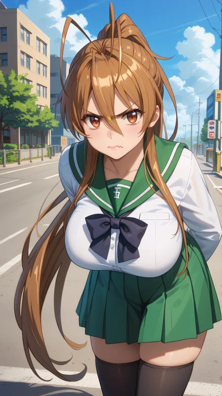 score_9, score_8_up, score_7_up, 1girl, looking at viewer, cowboy shot,
<lora:Rei_Miyamoto_Dwnsty:0.8>, rei_miyamoto, brown hair, brown eyes, very long hair, antenna hair, hair between eyes, ponytail, school uniform, long sleeves, green skirt, serafuku, black thighhighs, zettai ryouiki, black bow,
mature female, large breasts, skindentation, lips, annoyed, angry, wavy mouth, arms at sides, clenched hands, leaning forward,
outdoors, blue sky, street, highway, cloud,