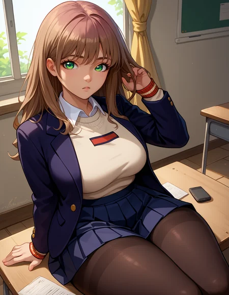 score_9, score_8_up, score_7_up,score_6_up  source_anime
yumscho, 1girl, black pantyhose, green eyes, brown hair, pleated skirt, long hair,  school uniform,  blazer,  medium hair, wing collar, brown sweater,black jacket
1girl,large breasts, wide hips,thick thighs,sitting,indoors
 <lora:minami_yume-8 outfits-koto-PonyXL 2.1:1>