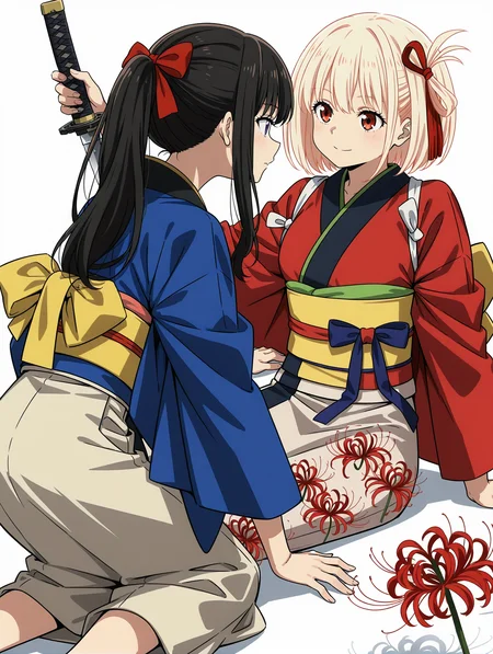 nyalia, 2girls, multiple girls, inoue takina, nishikigi chisato, lycoris recoil, all fours, back bow, black hair, black kimono, blonde hair, bow, closed mouth, expressionless, eye contact, flower, hair bow, holding, holding sword, holding weapon, japanese clothes, katana, kimono, long hair, looking at another, medium hair, obi, orange eyes, ponytail, reclining, red bow, red eyes, red kimono, sash, smile, spider lily, sword, weapon, yuri, light blush, hair ornament, blue kimono, wide sleeves, white background, long sleeves, from behind, on ground, simple background, sitting, purple flower, red flower, looking to the side, floral print, two-tone kimono,